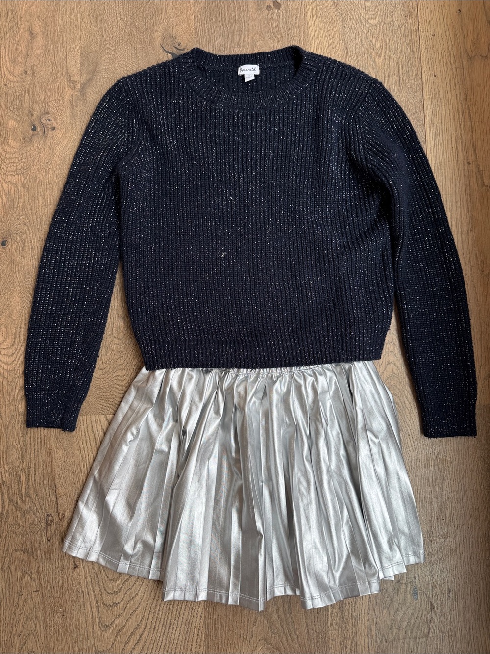 Splendid Blue Ribbed Sparkle Crewneck Sweater and Silver Metallic Pleated Skirt